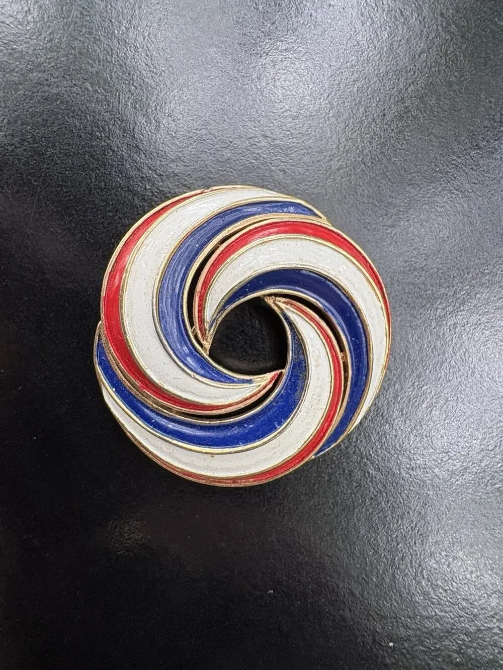 Crown Trifari Swirl Brooch Patriotic Enamel Red White Blue Gold Tone Pin Vtg